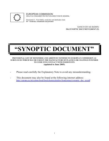 Synoptic document version 2005 - Contact alimentaire