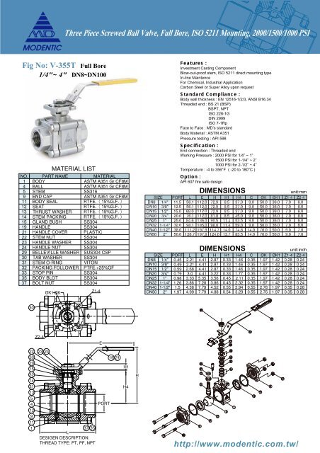 Three Piece Screwed Ball Valve, Full Bore, ISO 5211 Mounting ...