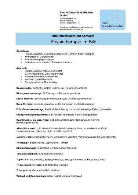 Physiotherapie im Bild - Inhaltsverzeichnis