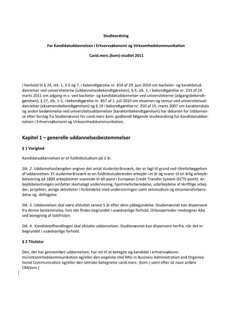 Kapitel 1 â generelle uddannelsesbestemmelser - Sar - CBS