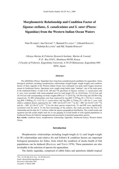 Morphometric Relationship and Condition Factor of Siganus ...