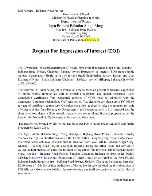 Request For Expression of Interest (EOI) - About Department of Road