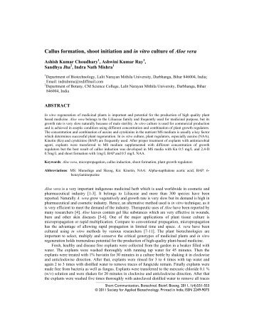 Callus formation, shoot initiation and in vitro culture of Aloe vera