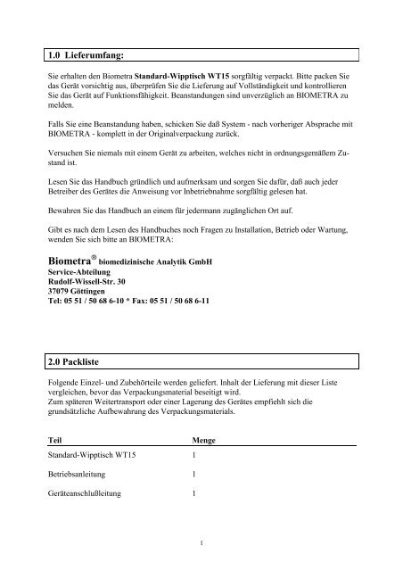 Handbuch Mini-Wipptisch WT14 - Biometra