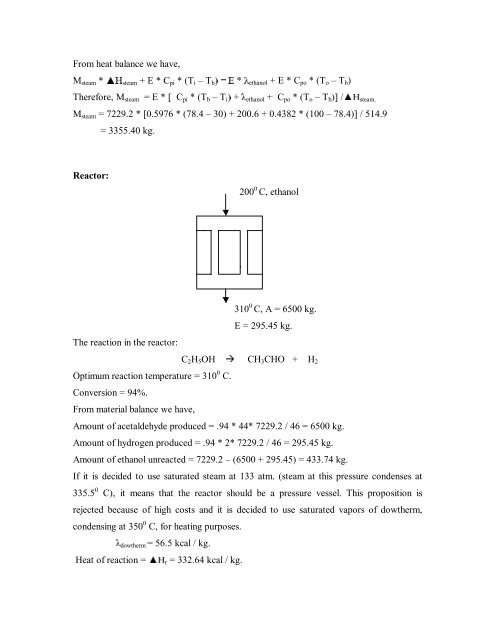 MATERIAL AND ENERGY BALANCE We produce acetaldehyde by ...