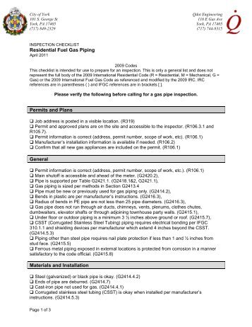 International Residential Code Fuel Gas Piping ... - City of York