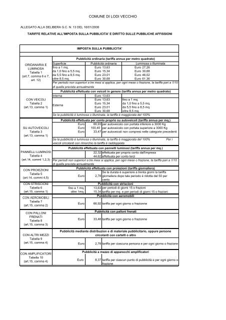 TARIFFE PUBBLICITA' E AFFISSIONI - Comune di Lodi Vecchio