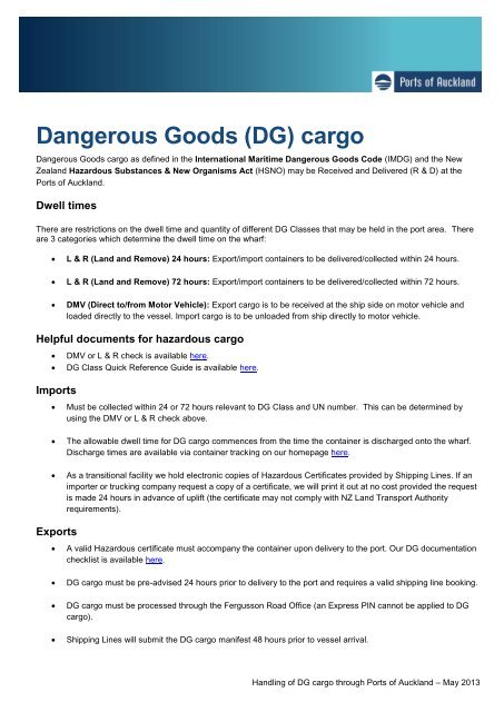 (DG) cargo - Ports of Auckland