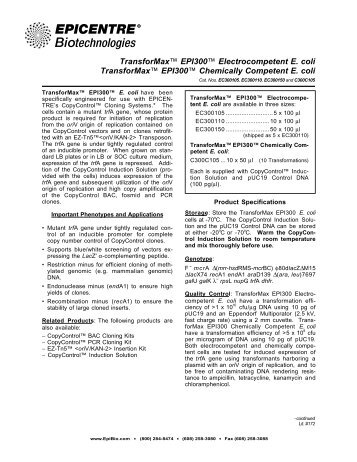 Protocol for TransforMax™ EPI300™ Electrocompetent E. coli and ...