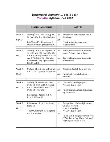 Experimental Chemistry I, 361 & 361H Tentative Syllabus--Fall 2012 ...