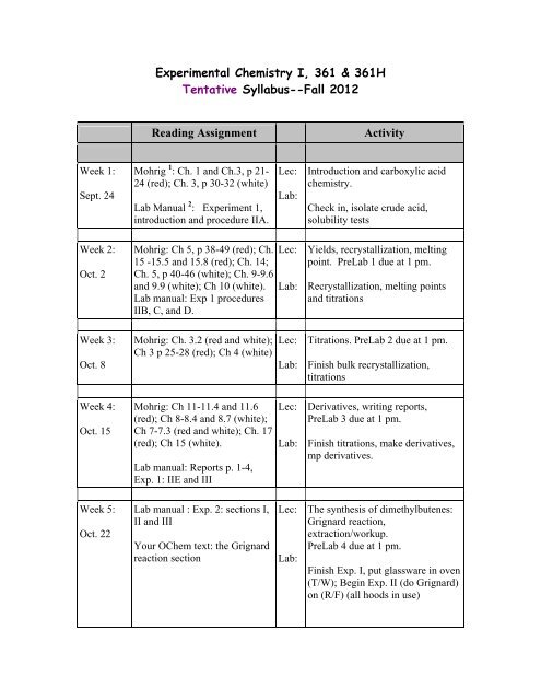 Experimental Chemistry I, 361 & 361H Tentative Syllabus--Fall 2012 ...