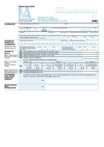 Modello VR/2004 relativo alla richiesta di rimborso del credito IVA ...