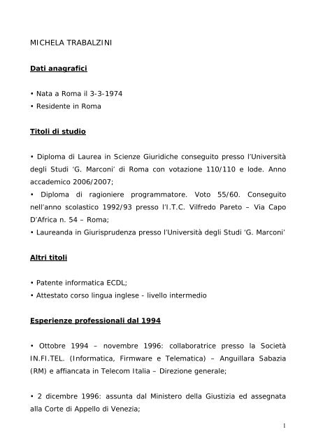 curriculum vitae - UniversitÃ  degli Studi Guglielmo Marconi