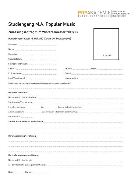 Zulassungsantrag - Popakademie Baden-Württemberg