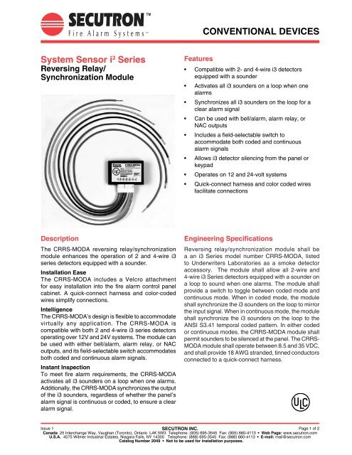 CONVENTIONAL DEVICES System Sensor i3 Series - Secutron