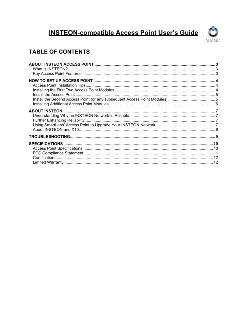 INSTEON-compatible Access Point User's Guide - SmartHome ...