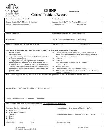Critical Incident Provider Report Form 02/20/08 - CBHNP