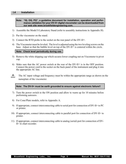 BROOKFIELD DV-II+ PROGRAMMABLE VISCOMETER Operating ...