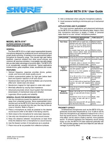 Shue Beta 57A Microphone User Guide - Shure