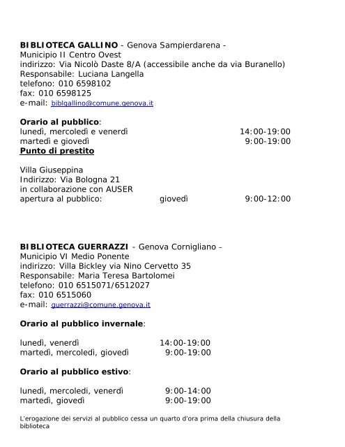 Orari e riferimenti delle singole biblioteche - Comune di Genova