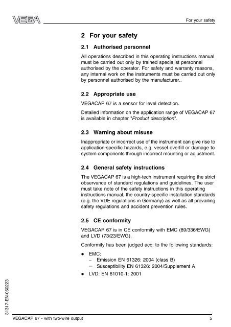 Operating Instructions - VEGACAP 67 with two-wire output - Insatech