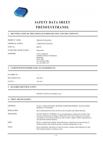 SAFETY DATA SHEET PHENOXYETHANOL - J.M.Loveridge plc