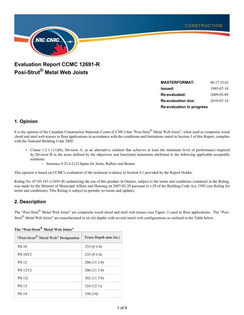 Evaluation Report CCMC 12691-R: Posi-StrutÂ® Metal Web Joists