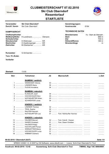 Startliste - Clubmeisterschaft 2010 - Gemeinde Oberndorf in Tirol