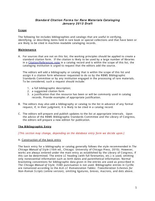 Standard Citation Forms For Rare Book Cataloging Revision