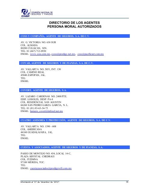 NOMBRE: AARCO, AGENTE DE SEGUROS Y DE FIANZAS, S - CNSF