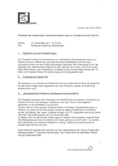 Protokoll der ordentlichen Generalversammlung ... - Solothurn Tennis