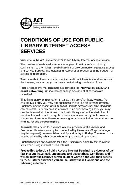 Conditions of use for public library internet access services