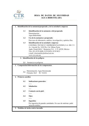 Agua Bidestilada MSDS - CTR Scientific