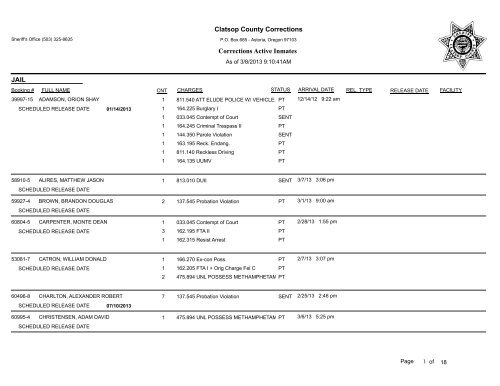 Clatsop County Corrections Corrections Active Inmates JAIL