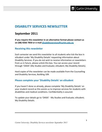 Disability Services newsletter September 2011 - Unilife - Curtin ...