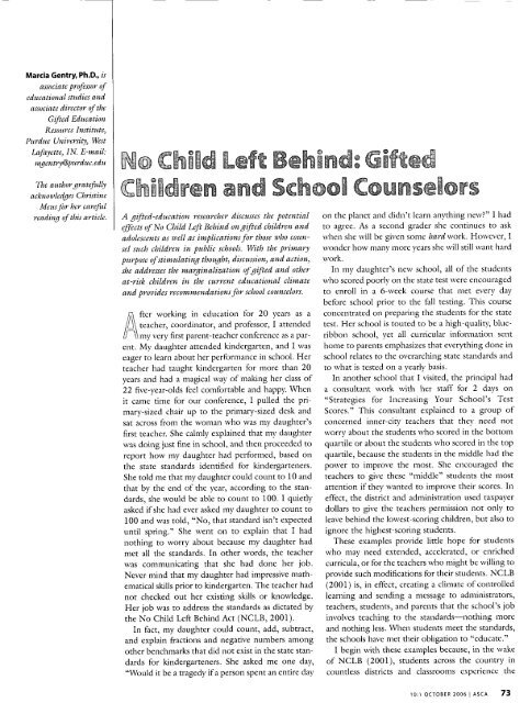 No child left behind: Gifted children and school counselors.