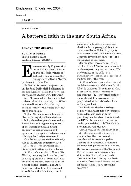 A battered faith in the new South Africa - VWO-Examens