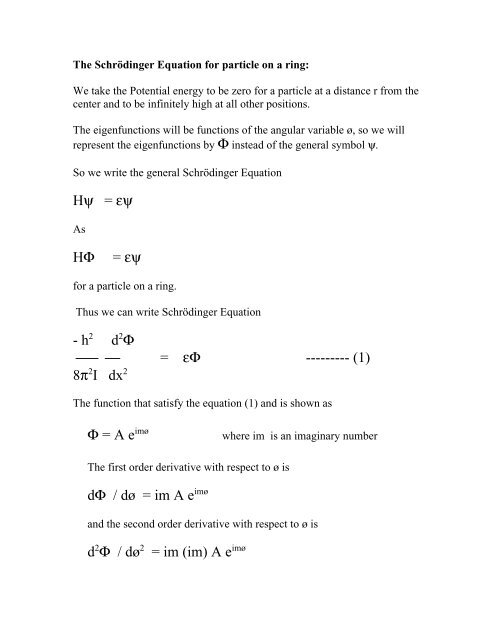 SchrÃ¶dinger Equation for Particle in Ring