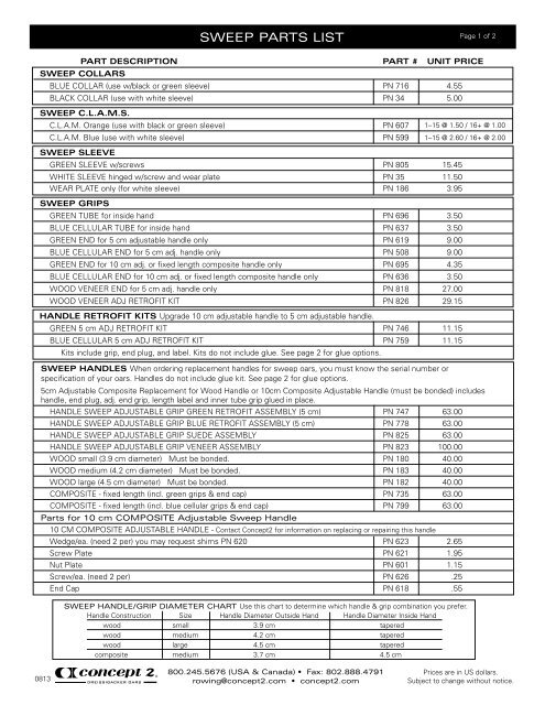 SWEEP PARTS LIST - Concept2