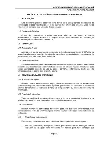 Pagina 1 POLÍTICA DE UTILIZAÇÃO DE ... - Uniaraxá