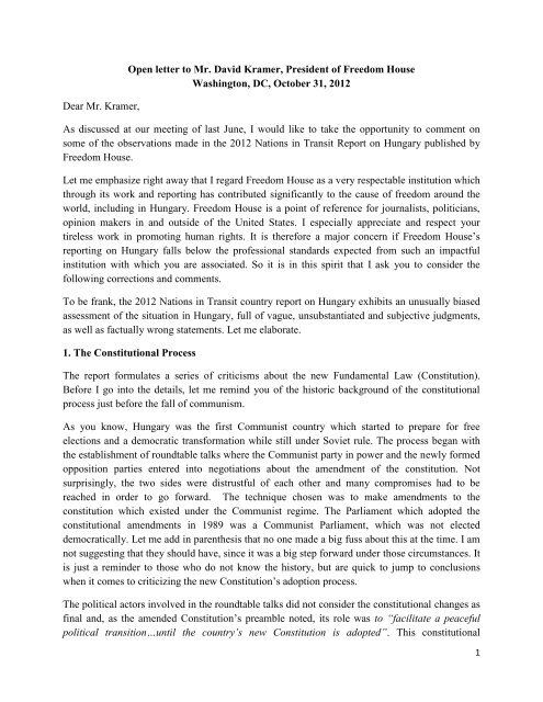 Open letter to Mr. David Kramer, President of Freedom House ...