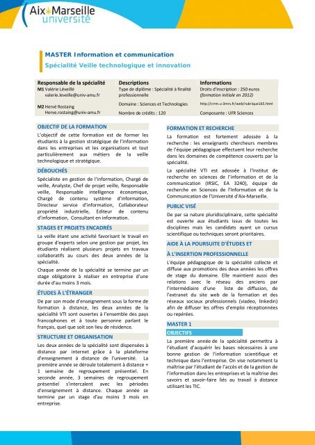 MASTER Information et communication SpÃ©cialitÃ© Veille ... - CRRM Ã 