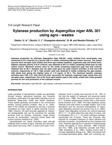 Xylanase production by Aspergillus niger ANL 301 using agro - wastes