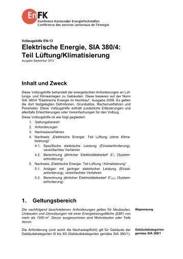 EN-13 Elektrische Energie, SIA 380/4: Teil Lüftung/Klimatisierung