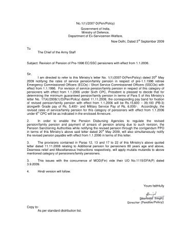 No. 1(1)/2007-D(Pen/Policy) Dated 3rd September 2009 - CDA (PD)