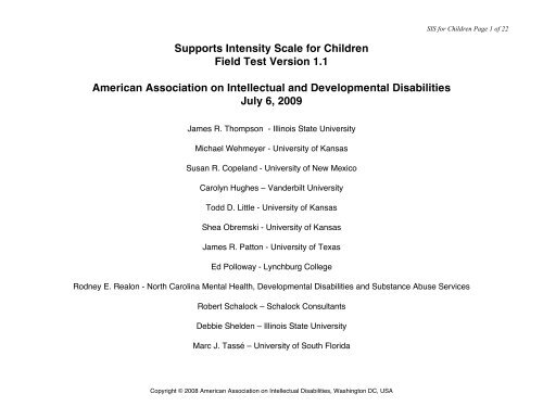 Supports Intensity Scale for Children Field Test Version 1.1 ...