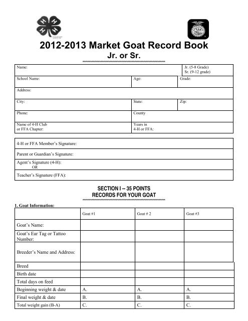 Junior/Senior Market Goat Record Book - Georgia 4-H