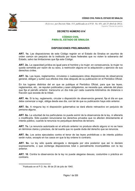 Código Civil para el Estado de Sinaloa (Reforma 25 de abril 2012)