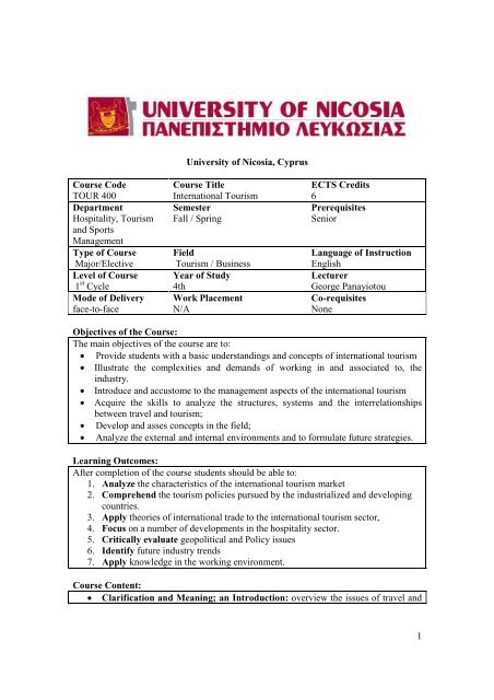 1 University Of Nicosia Cyprus Course Code Tour 400 Course