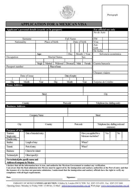 APPLICATION FOR A MEXICAN VISA Mexico Visa Application Form 